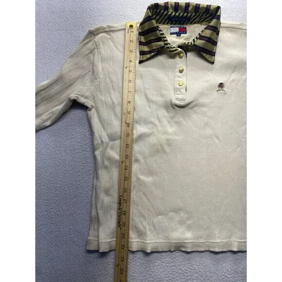 Vintage Tommy Hilfiger Ribbed Long Sleeve Polo Shirt With Striped Collar #7148 - Picture 9 of 9